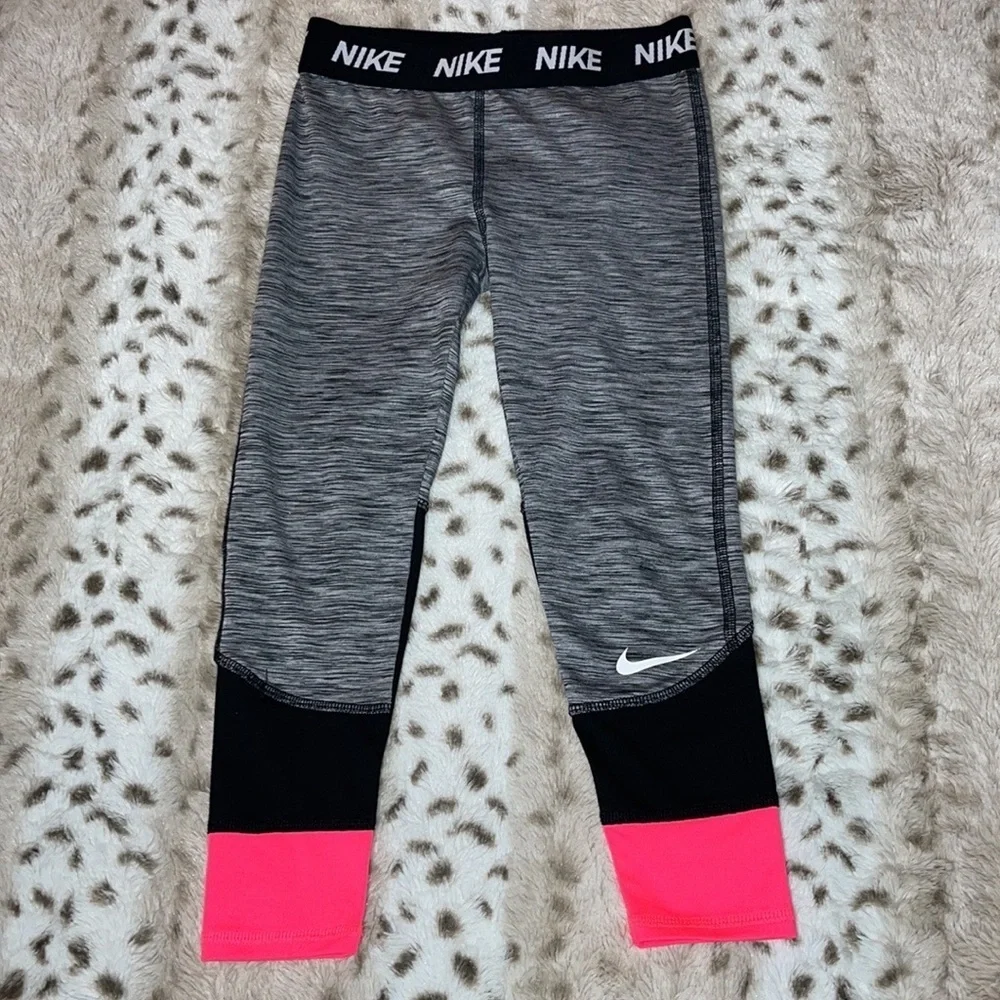 Nike Girls Pro Grey Space Dye Pink Colorblock Full-Length Leggings - Size 8 (M)